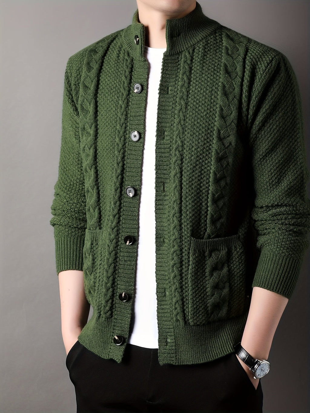 Cable Knit Cardigan Men's Button-Front Black Sweater with Pockets – Casual, Office