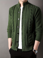 Cable Knit Cardigan Men's Button-Front Black Sweater with Pockets – Casual, Office
