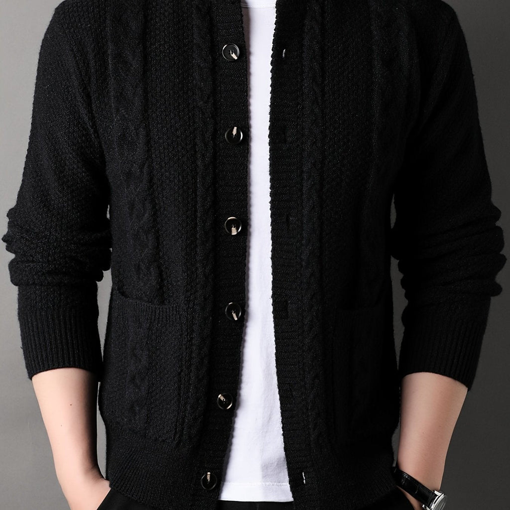 Cable Knit Cardigan Men's Button-Front Black Sweater with Pockets – Casual, Office