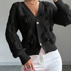 Cable Knit Cardigan Women's Pink Bow-Detail V-Neck Button-Up Long Sleeve Sweater – Casual, Office, Gift