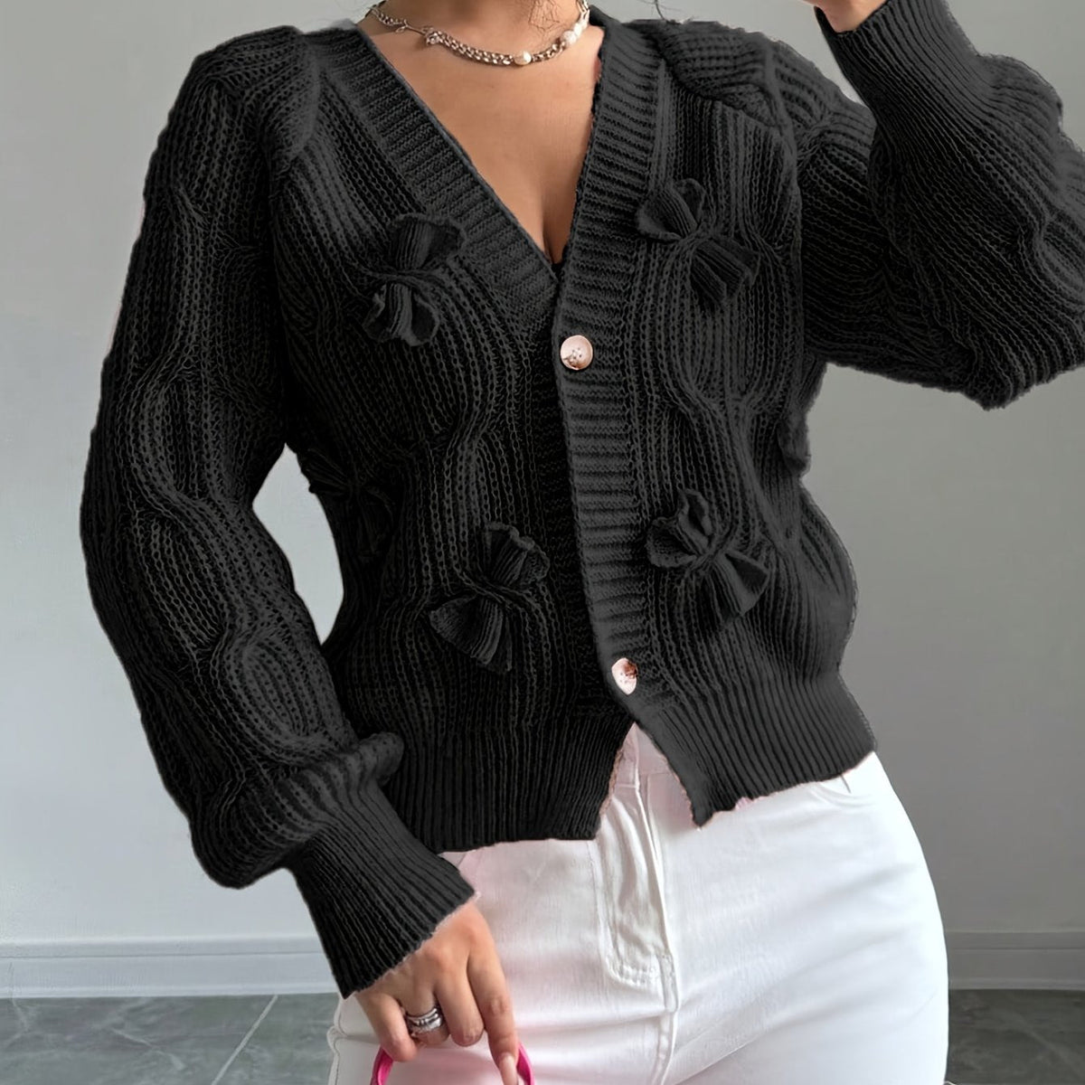 Cable Knit Cardigan Women's Pink Bow-Detail V-Neck Button-Up Long Sleeve Sweater – Casual, Office, Gift