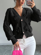 Cable Knit Cardigan Women's Pink Bow-Detail V-Neck Button-Up Long Sleeve Sweater – Casual, Office, Gift