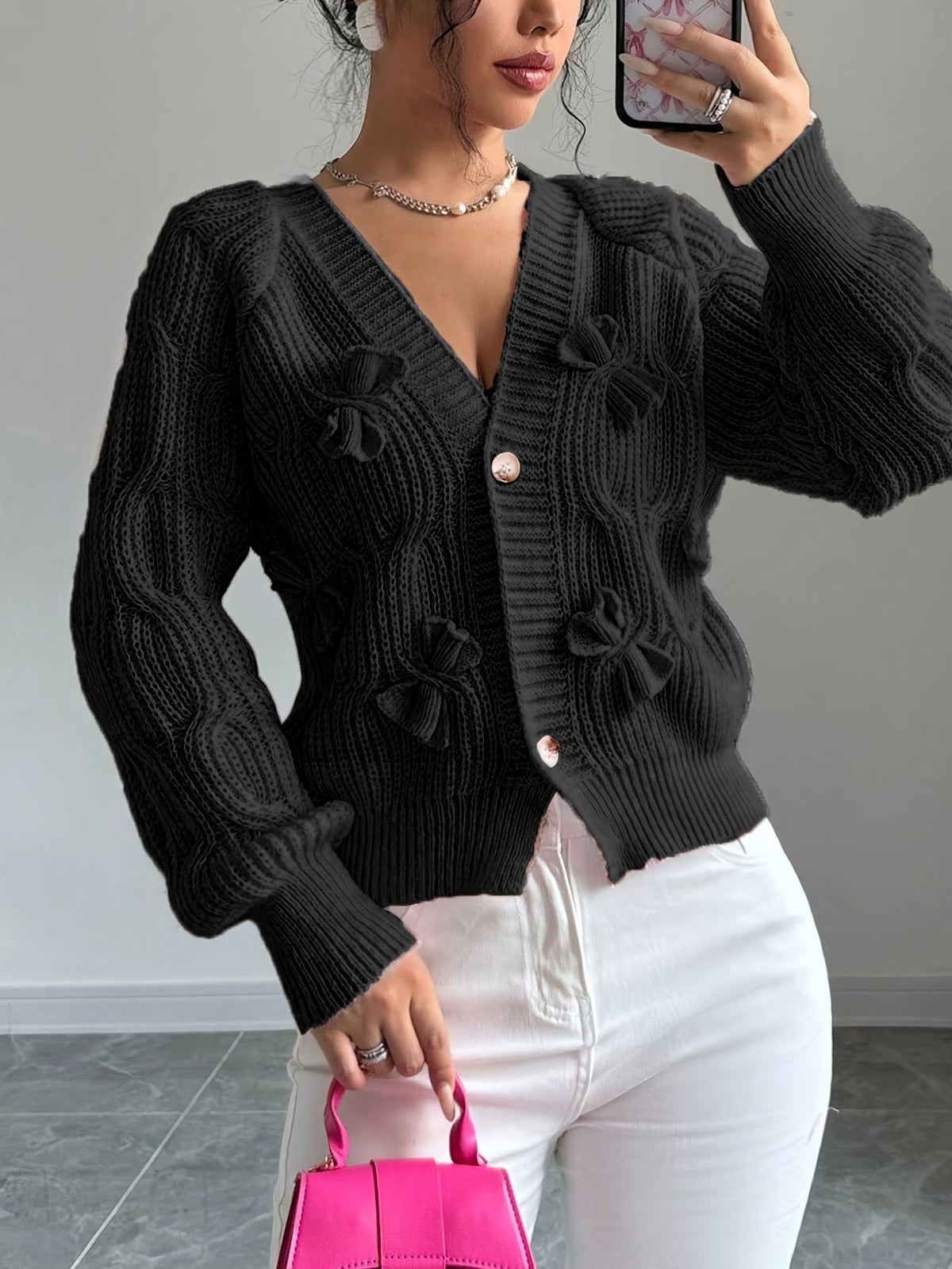 Cable Knit Cardigan Women's Pink Bow-Detail V-Neck Button-Up Long Sleeve Sweater – Casual, Office, Gift