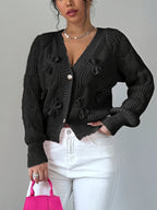 Cable Knit Cardigan Women's Pink Bow-Detail V-Neck Button-Up Long Sleeve Sweater – Casual, Office, Gift