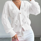 Cable Knit Cardigan Women's Pink Bow-Detail V-Neck Button-Up Long Sleeve Sweater – Casual, Office, Gift