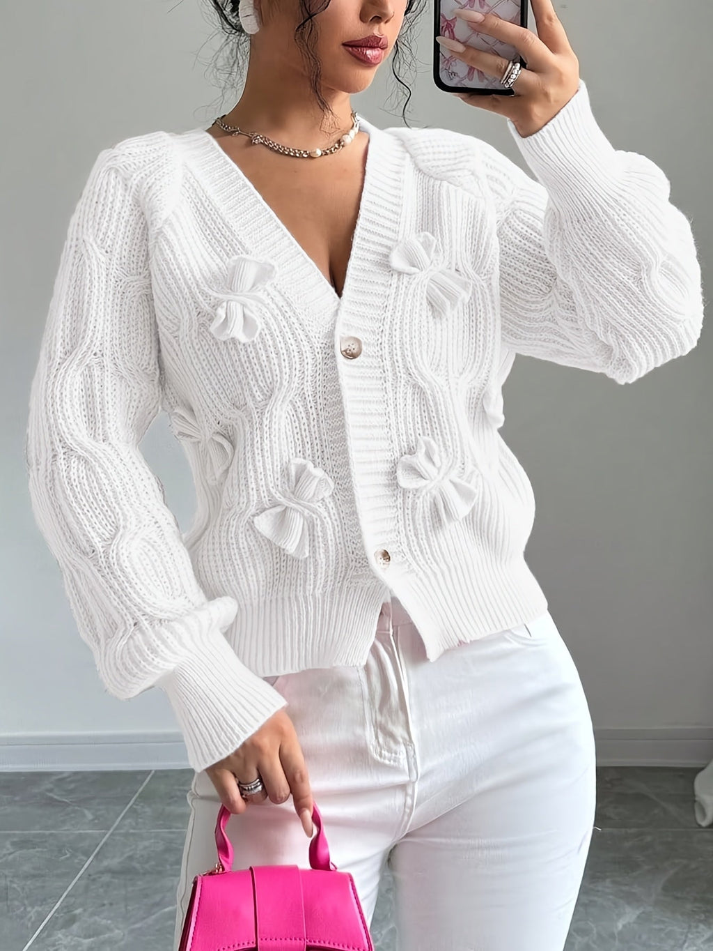 Cable Knit Cardigan Women's Pink Bow-Detail V-Neck Button-Up Long Sleeve Sweater – Casual, Office, Gift