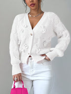 Cable Knit Cardigan Women's Pink Bow-Detail V-Neck Button-Up Long Sleeve Sweater – Casual, Office, Gift