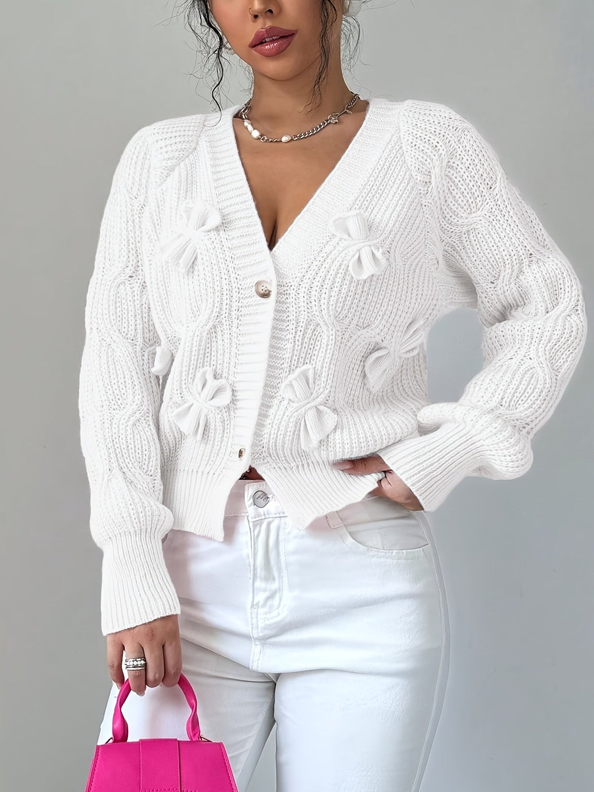 Cable Knit Cardigan Women's Pink Bow-Detail V-Neck Button-Up Long Sleeve Sweater – Casual, Office, Gift