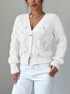 Cable Knit Cardigan Women's Pink Bow-Detail V-Neck Button-Up Long Sleeve Sweater – Casual, Office, Gift