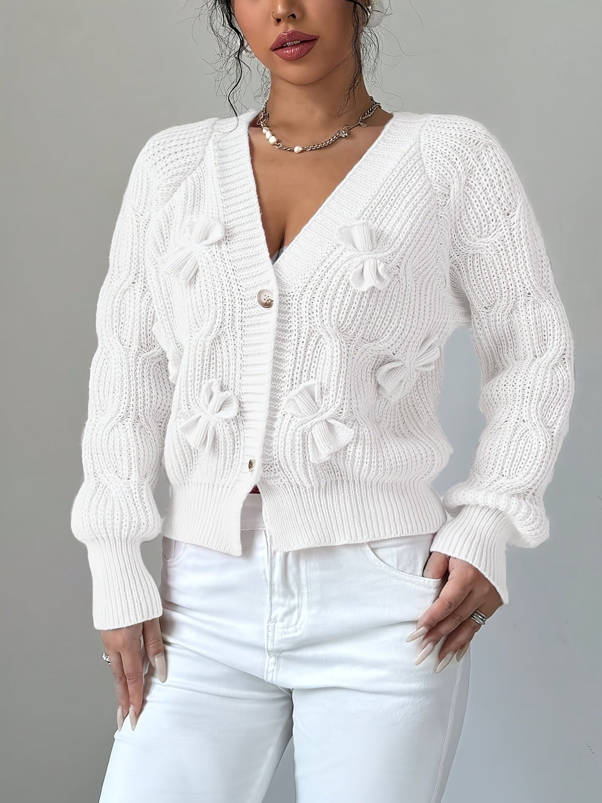 Cable Knit Cardigan Women's Pink Bow-Detail V-Neck Button-Up Long Sleeve Sweater – Casual, Office, Gift