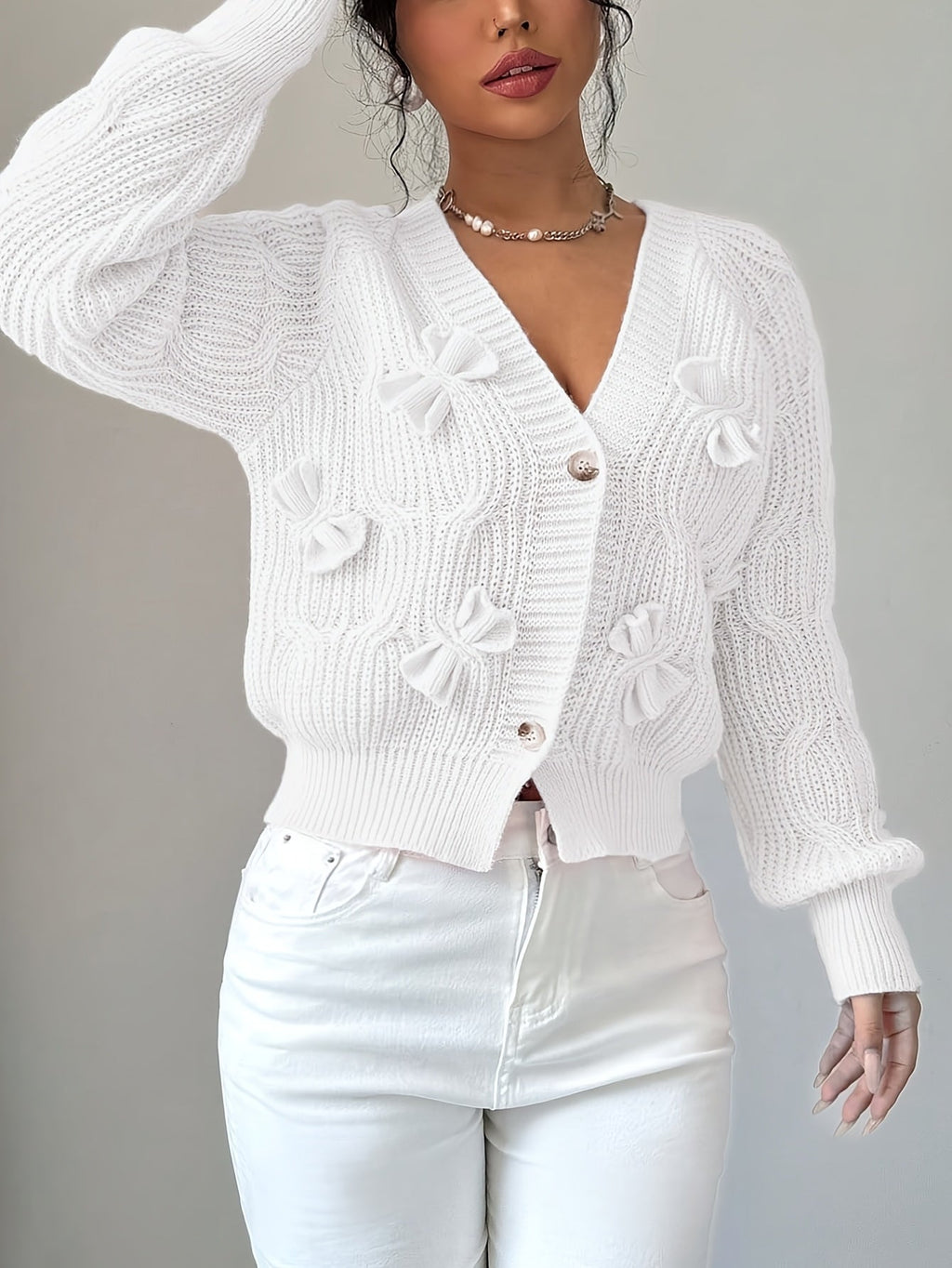 Cable Knit Cardigan Women's Pink Bow-Detail V-Neck Button-Up Long Sleeve Sweater – Casual, Office, Gift