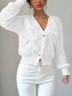 Cable Knit Cardigan Women's Pink Bow-Detail V-Neck Button-Up Long Sleeve Sweater – Casual, Office, Gift