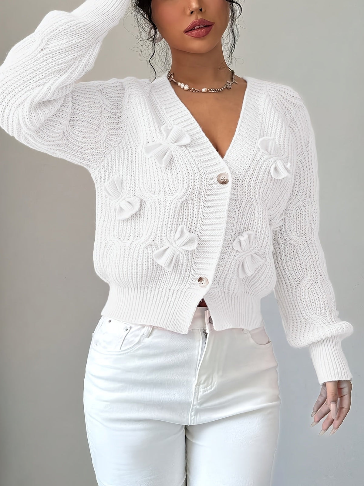 Cable Knit Cardigan Women's Pink Bow-Detail V-Neck Button-Up Long Sleeve Sweater – Casual, Office, Gift