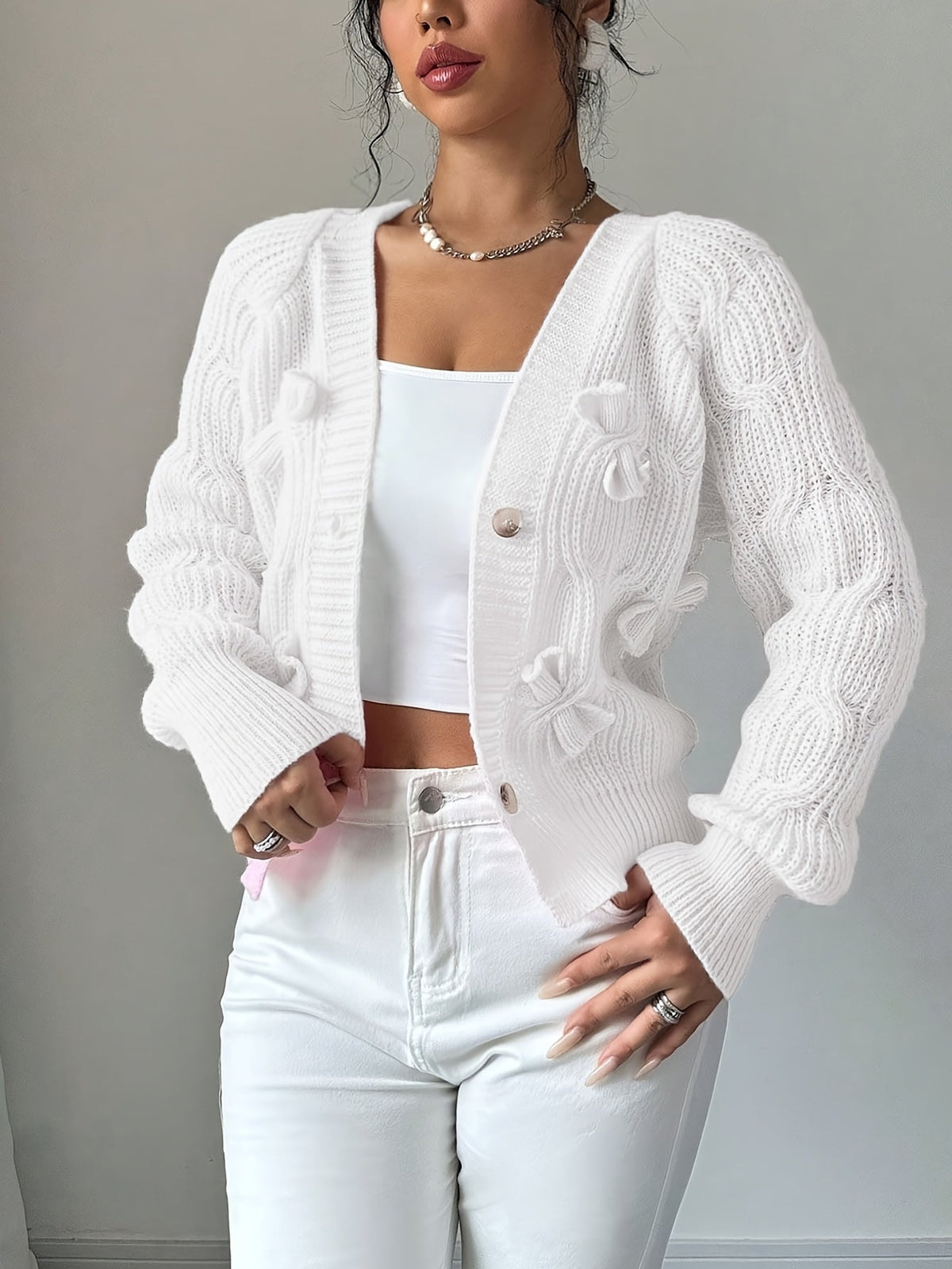 Cable Knit Cardigan Women's Pink Bow-Detail V-Neck Button-Up Long Sleeve Sweater – Casual, Office, Gift