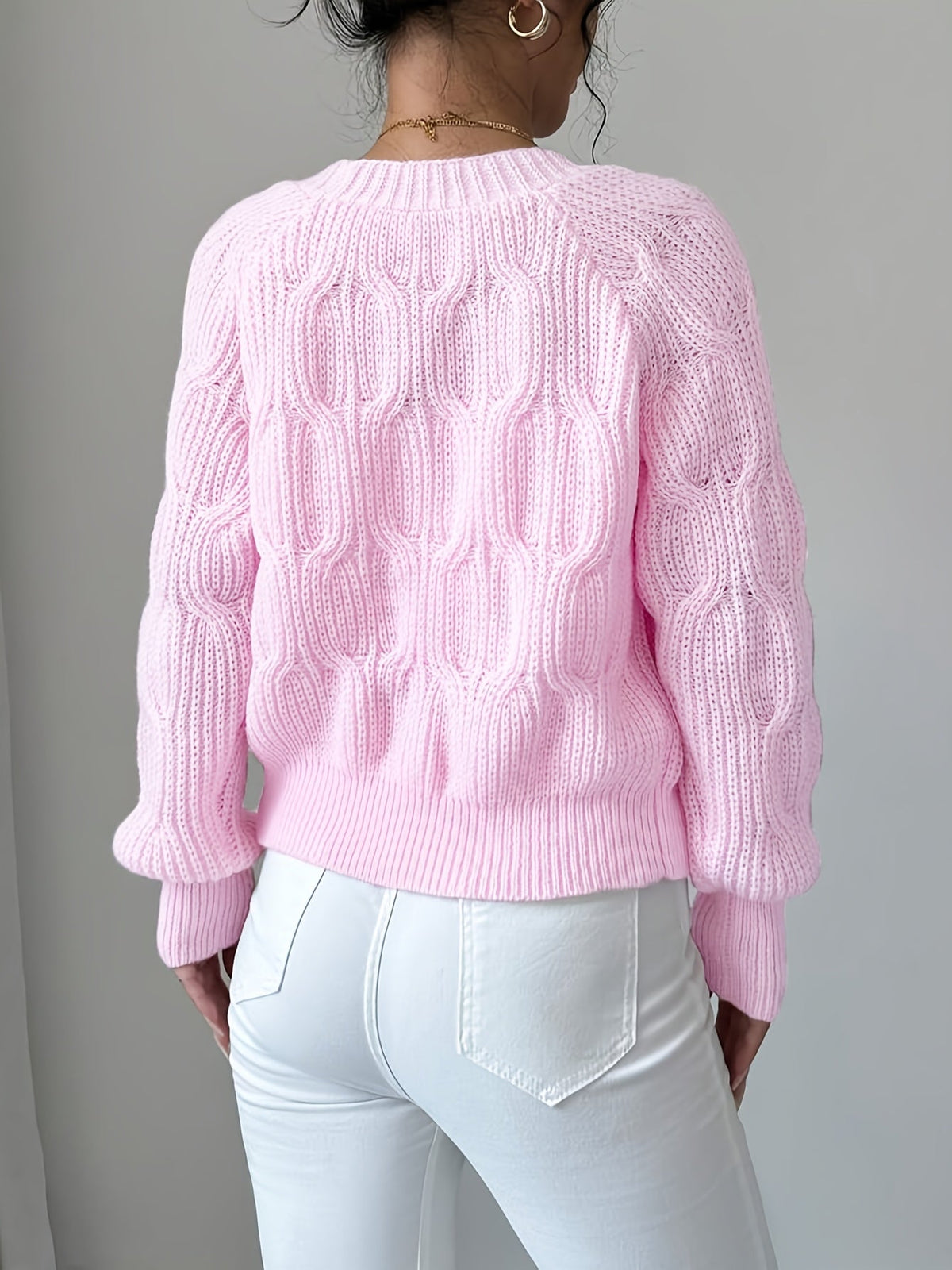 Cable Knit Cardigan Women's Pink Bow-Detail V-Neck Button-Up Long Sleeve Sweater – Casual, Office, Gift