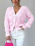 Cable Knit Cardigan Women's Pink Bow-Detail V-Neck Button-Up Long Sleeve Sweater – Casual, Office, Gift