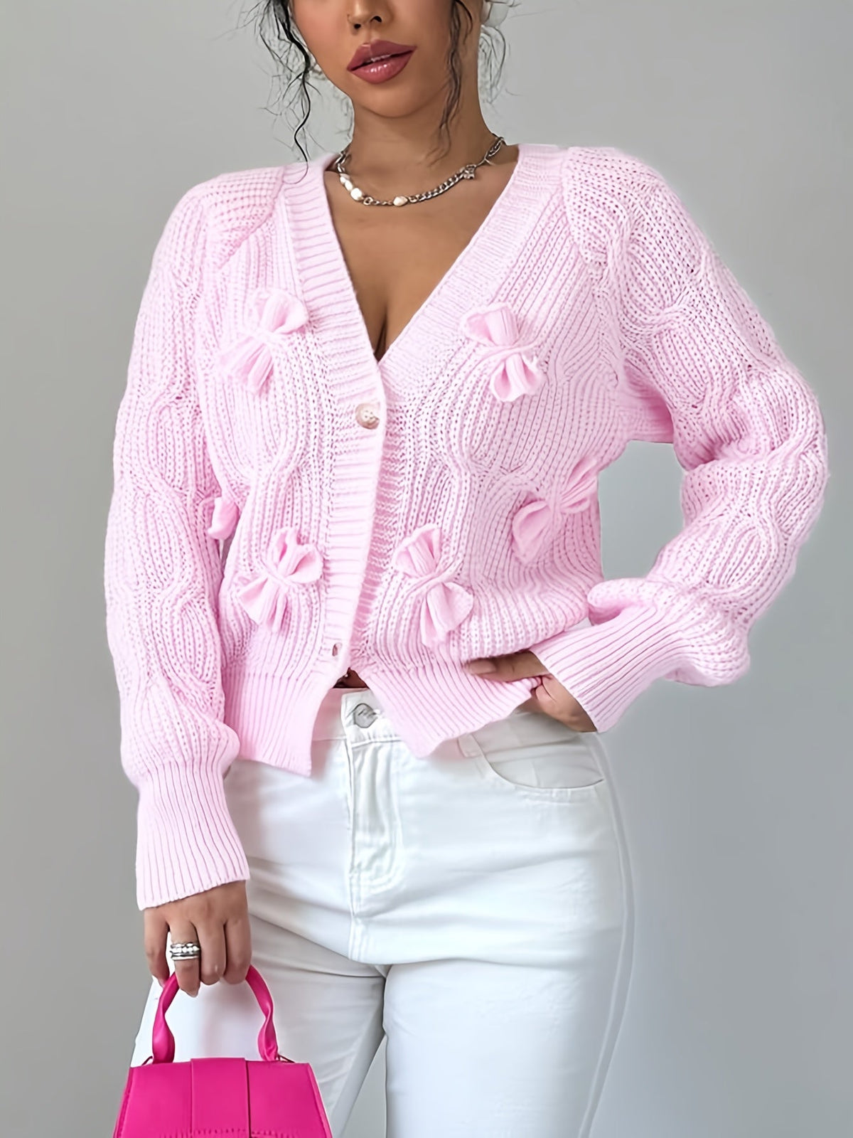 Cable Knit Cardigan Women's Pink Bow-Detail V-Neck Button-Up Long Sleeve Sweater – Casual, Office, Gift
