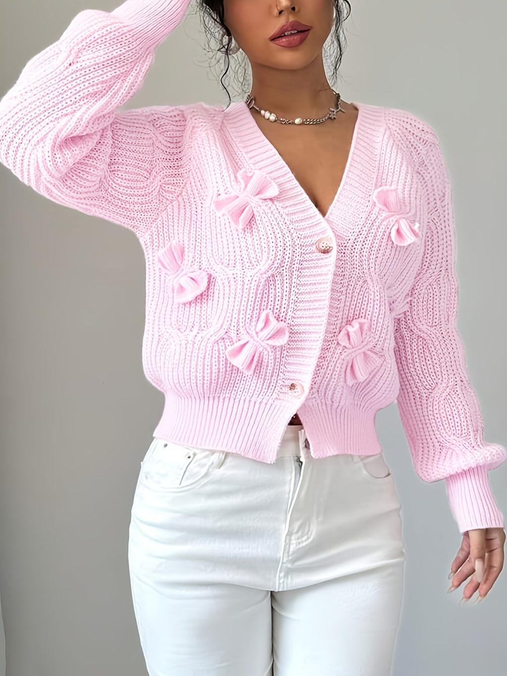Cable Knit Cardigan Women's Pink Bow-Detail V-Neck Button-Up Long Sleeve Sweater – Casual, Office, Gift