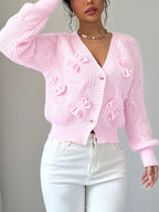Cable Knit Cardigan Women's Pink Bow-Detail V-Neck Button-Up Long Sleeve Sweater – Casual, Office, Gift