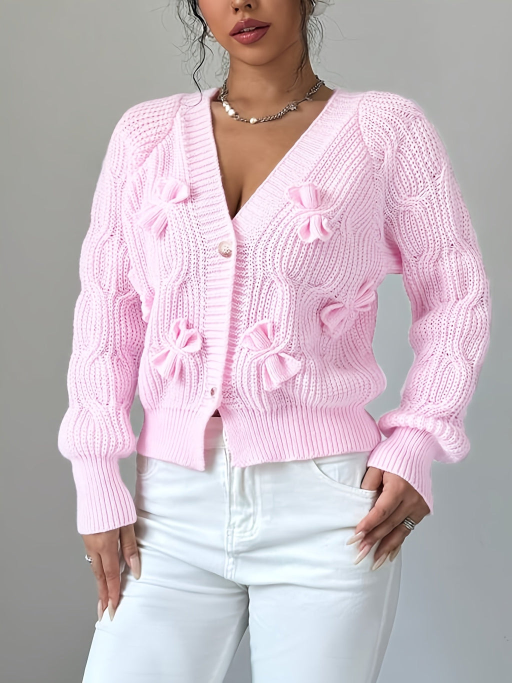 Cable Knit Cardigan Women's Pink Bow-Detail V-Neck Button-Up Long Sleeve Sweater – Casual, Office, Gift
