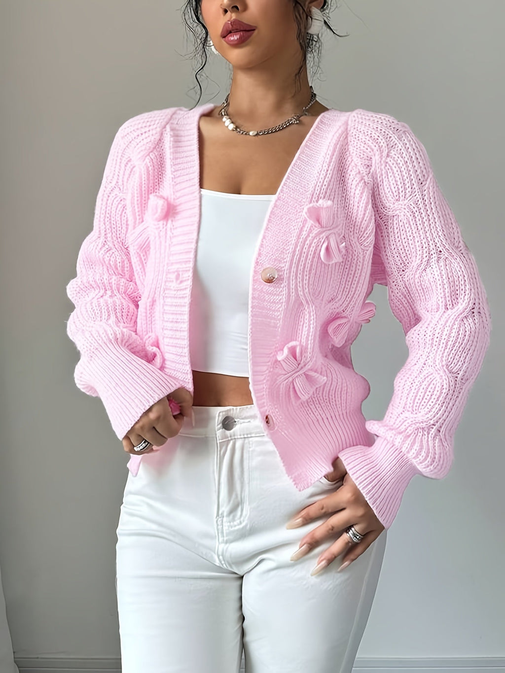 Cable Knit Cardigan Women's Pink Bow-Detail V-Neck Button-Up Long Sleeve Sweater – Casual, Office, Gift