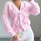 Cable Knit Cardigan Women's Pink Bow-Detail V-Neck Button-Up Long Sleeve Sweater – Casual, Office, Gift