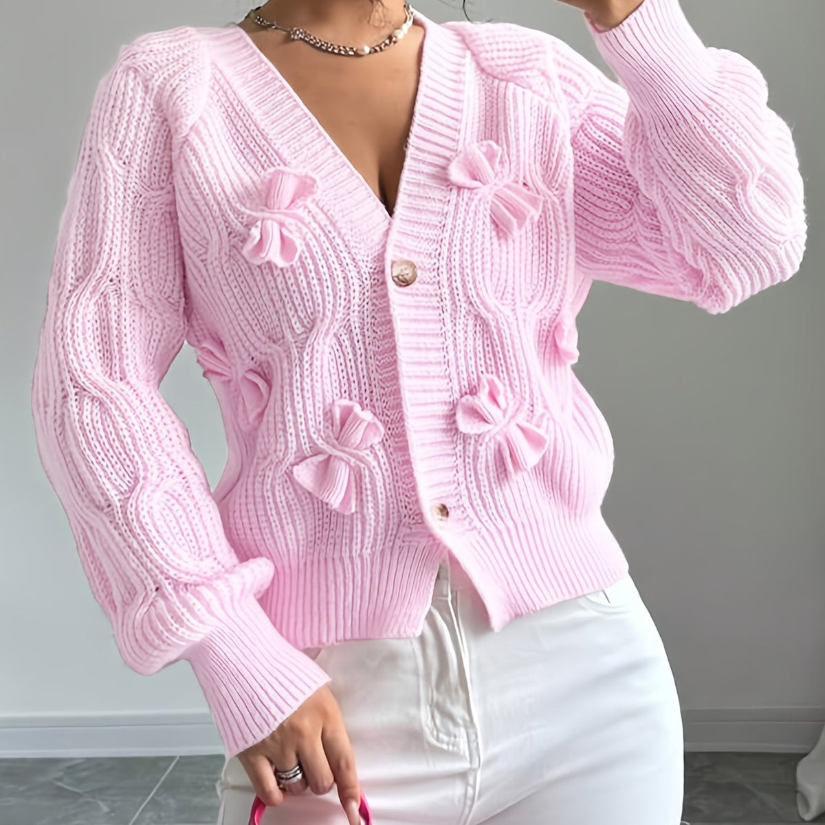 Cable Knit Cardigan Women's Pink Bow-Detail V-Neck Button-Up Long Sleeve Sweater – Casual, Office, Gift