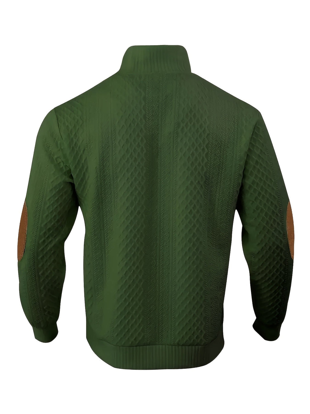 Cable Knit Henley Sweater Men's Beige Stand Collar Button Pullover with Elbow Patches – Casual, Office