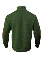 Cable Knit Henley Sweater Men's Beige Stand Collar Button Pullover with Elbow Patches – Casual, Office
