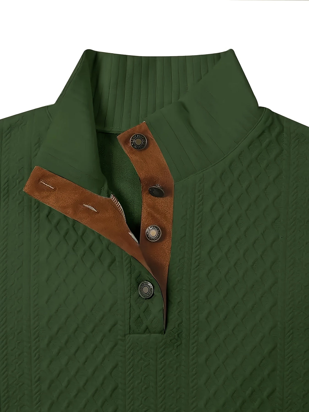 Cable Knit Henley Sweater Men's Beige Stand Collar Button Pullover with Elbow Patches – Casual, Office