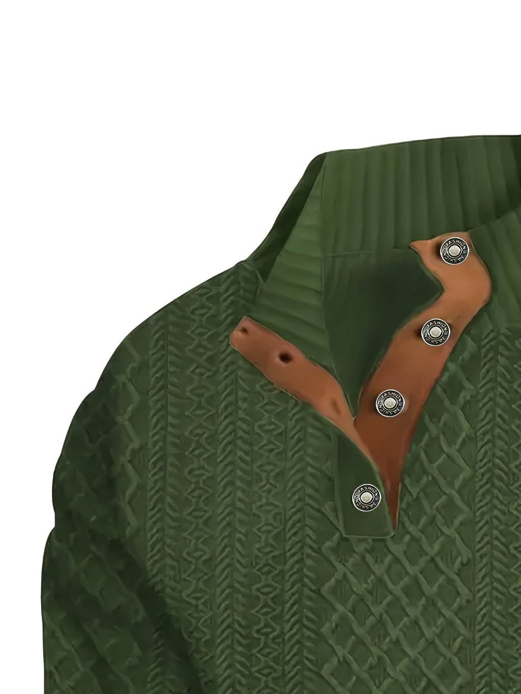 Cable Knit Henley Sweater Men's Beige Stand Collar Button Pullover with Elbow Patches – Casual, Office