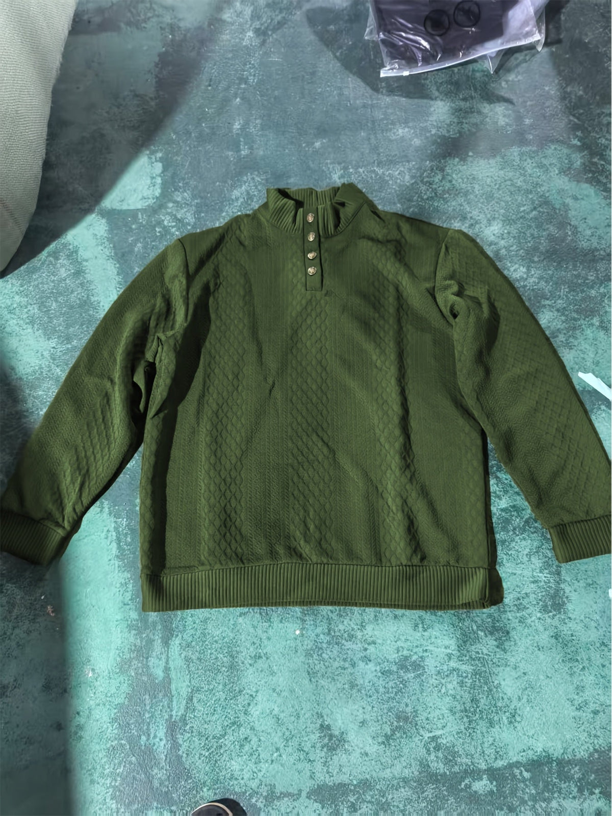 Cable Knit Henley Sweater Men's Beige Stand Collar Button Pullover with Elbow Patches – Casual, Office