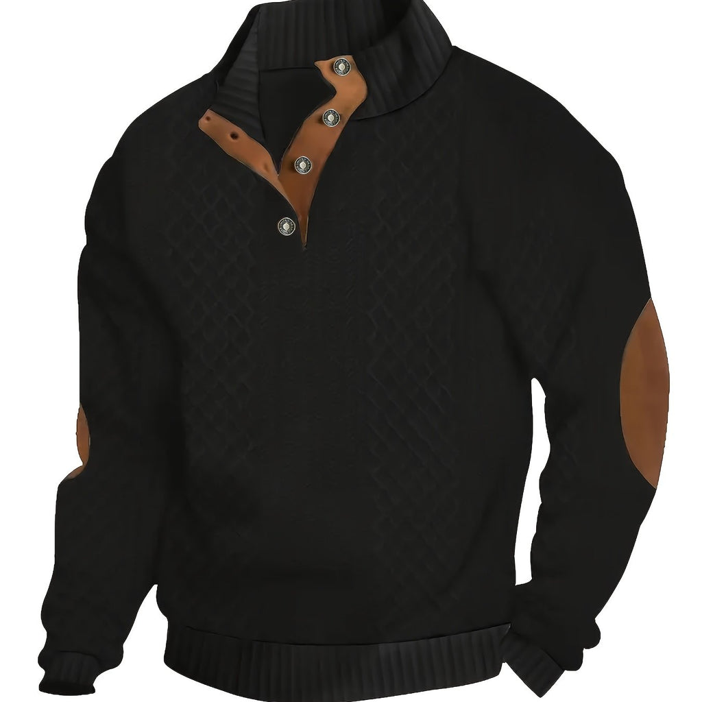 Cable Knit Henley Sweater Men's Beige Stand Collar Button Pullover with Elbow Patches – Casual, Office
