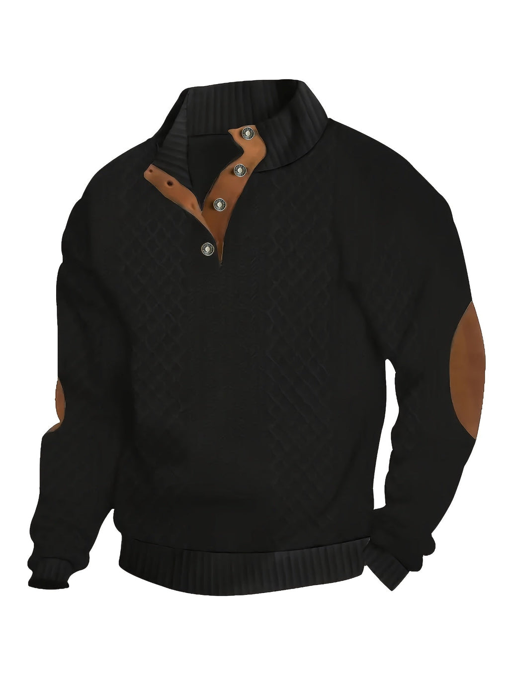 Cable Knit Henley Sweater Men's Beige Stand Collar Button Pullover with Elbow Patches – Casual, Office