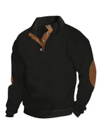 Cable Knit Henley Sweater Men's Beige Stand Collar Button Pullover with Elbow Patches – Casual, Office