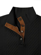 Cable Knit Henley Sweater Men's Beige Stand Collar Button Pullover with Elbow Patches – Casual, Office