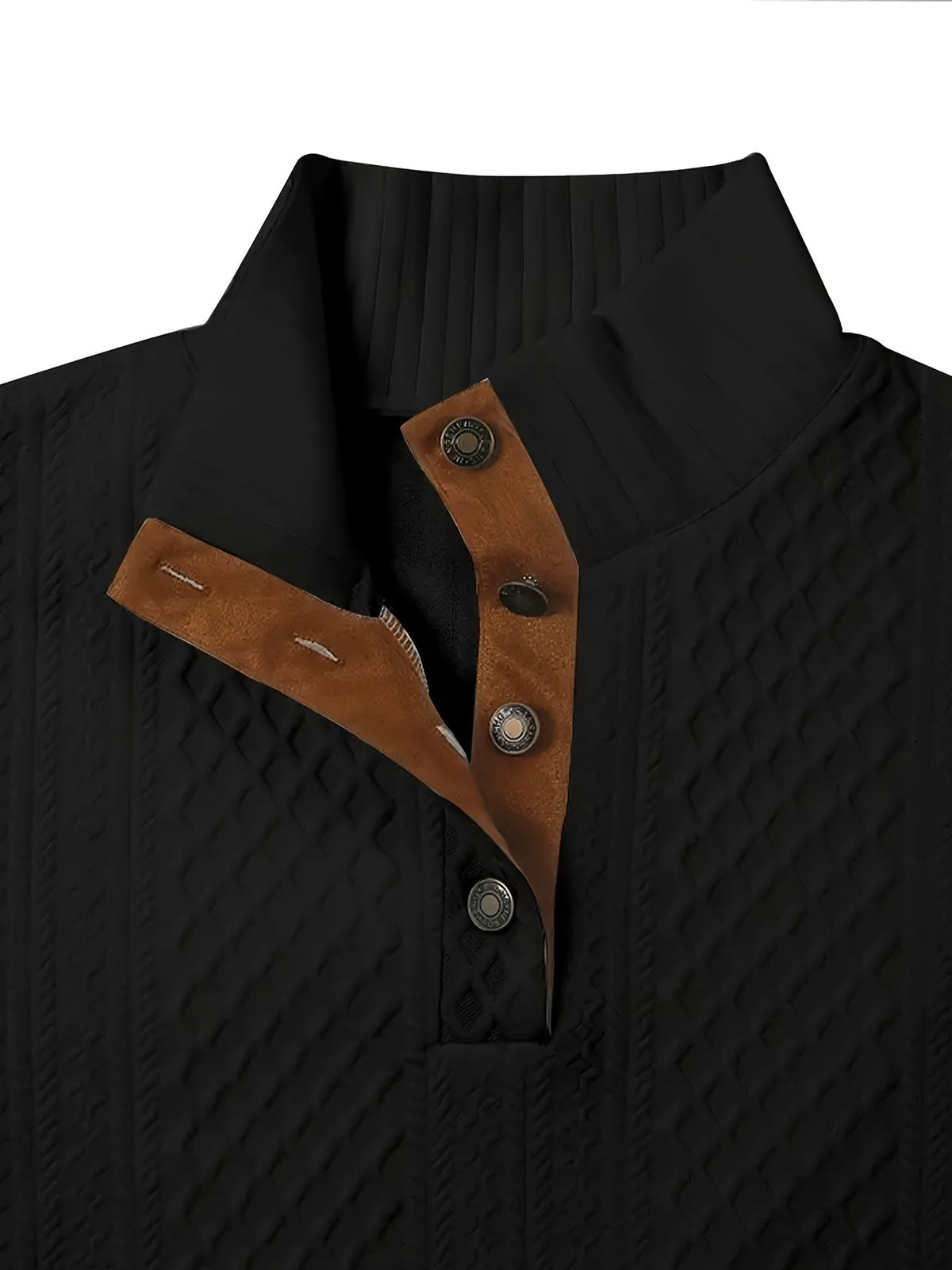 Cable Knit Henley Sweater Men's Beige Stand Collar Button Pullover with Elbow Patches – Casual, Office