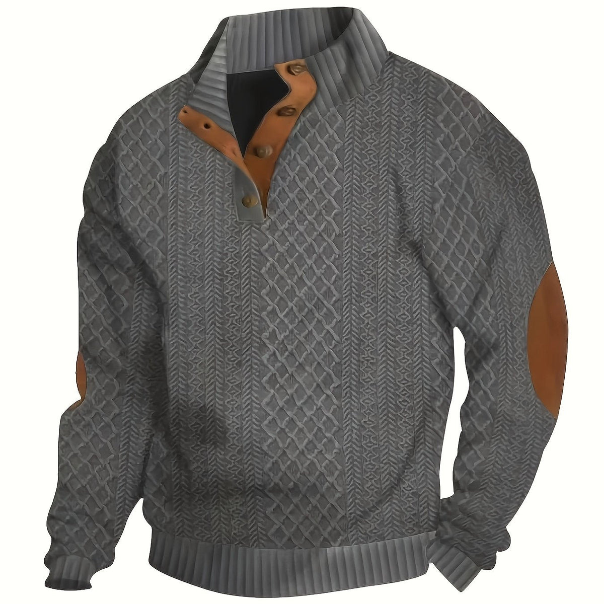Cable Knit Henley Sweater Men's Beige Stand Collar Button Pullover with Elbow Patches – Casual, Office