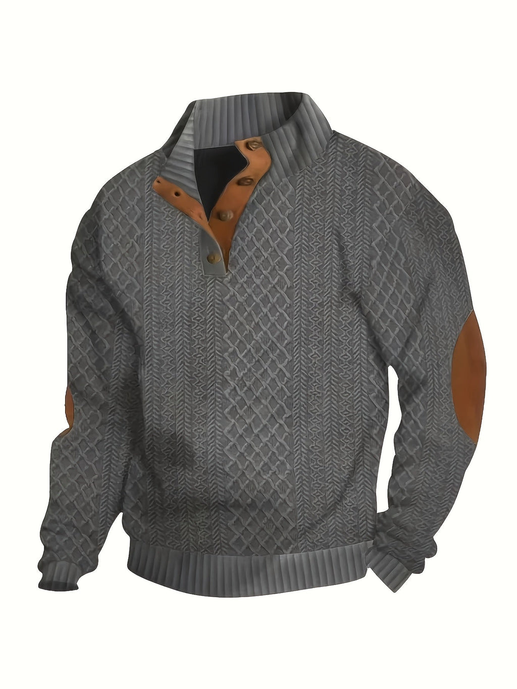 Cable Knit Henley Sweater Men's Beige Stand Collar Button Pullover with Elbow Patches – Casual, Office