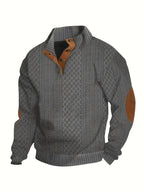 Cable Knit Henley Sweater Men's Beige Stand Collar Button Pullover with Elbow Patches – Casual, Office
