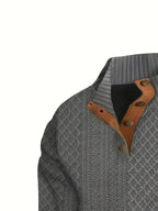 Cable Knit Henley Sweater Men's Beige Stand Collar Button Pullover with Elbow Patches – Casual, Office