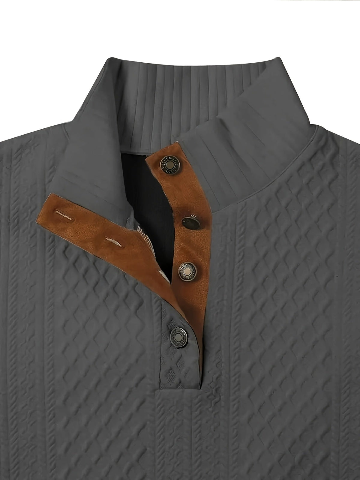 Cable Knit Henley Sweater Men's Beige Stand Collar Button Pullover with Elbow Patches – Casual, Office