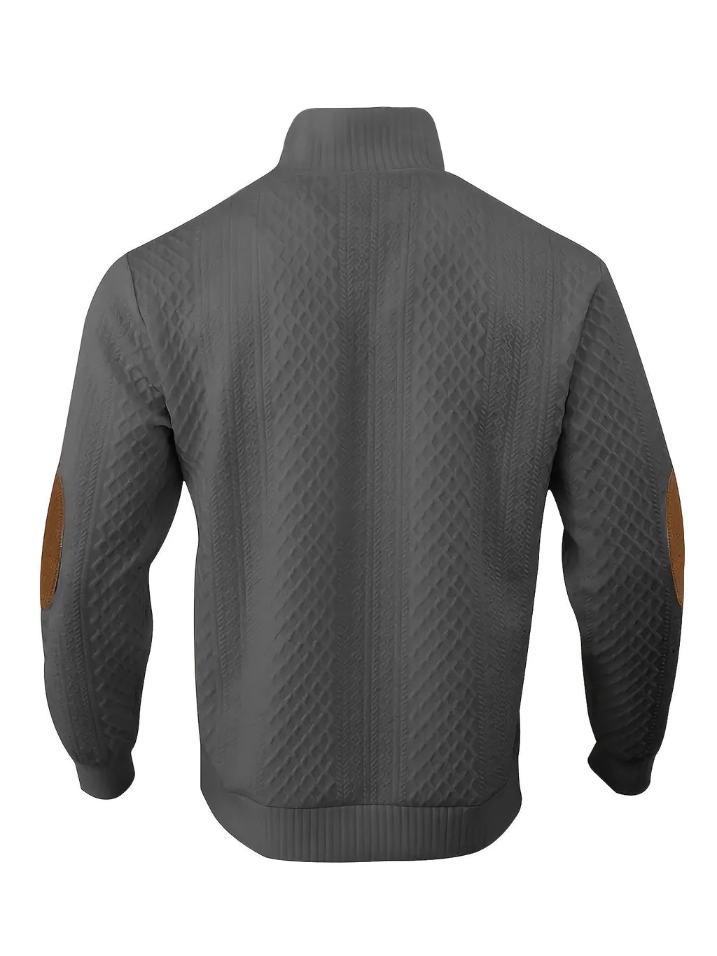 Cable Knit Henley Sweater Men's Beige Stand Collar Button Pullover with Elbow Patches – Casual, Office