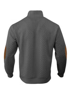 Cable Knit Henley Sweater Men's Beige Stand Collar Button Pullover with Elbow Patches – Casual, Office