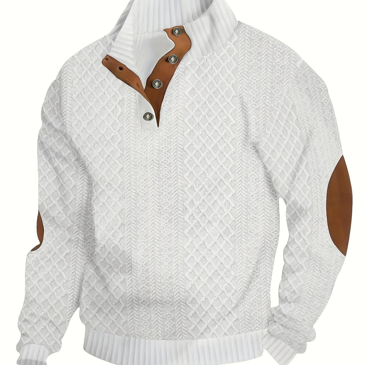 Cable Knit Henley Sweater Men's Beige Stand Collar Button Pullover with Elbow Patches – Casual, Office