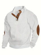 Cable Knit Henley Sweater Men's Beige Stand Collar Button Pullover with Elbow Patches – Casual, Office