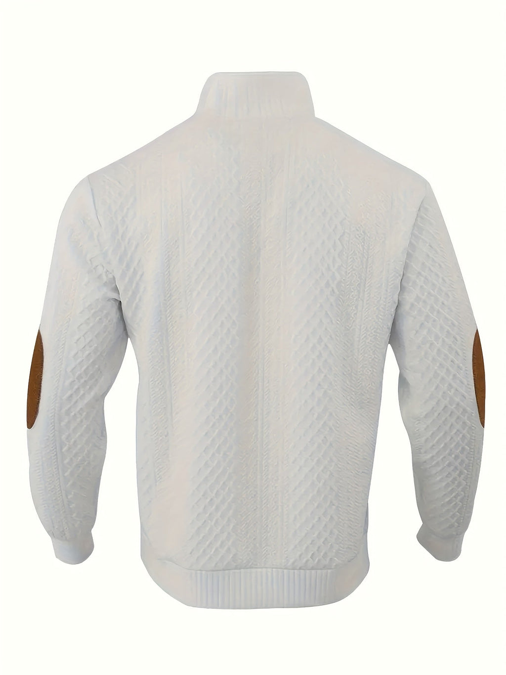 Cable Knit Henley Sweater Men's Beige Stand Collar Button Pullover with Elbow Patches – Casual, Office
