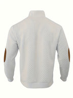 Cable Knit Henley Sweater Men's Beige Stand Collar Button Pullover with Elbow Patches – Casual, Office