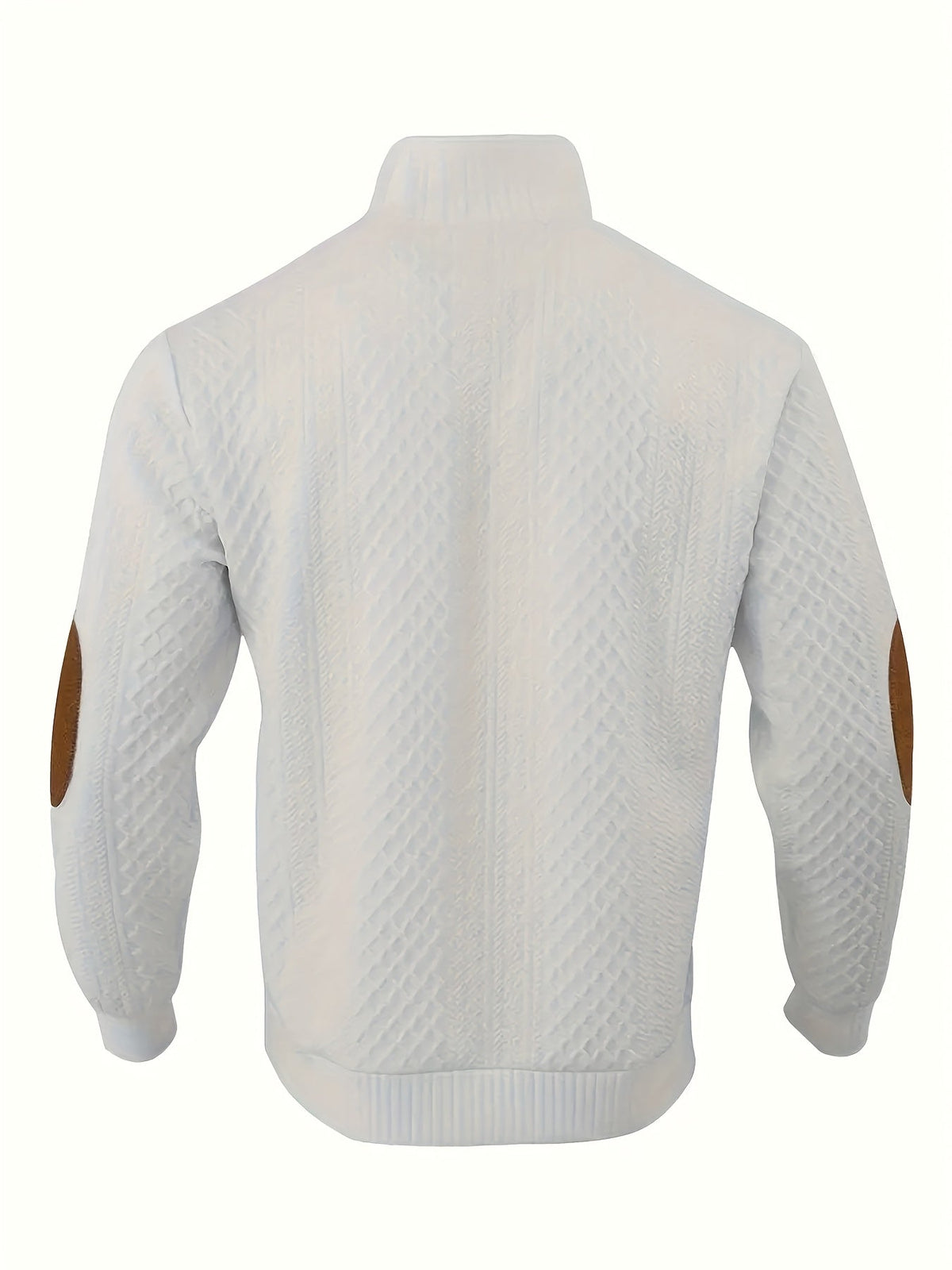 Cable Knit Henley Sweater Men's Beige Stand Collar Button Pullover with Elbow Patches – Casual, Office