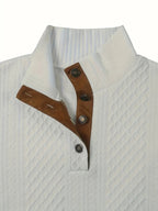 Cable Knit Henley Sweater Men's Beige Stand Collar Button Pullover with Elbow Patches – Casual, Office